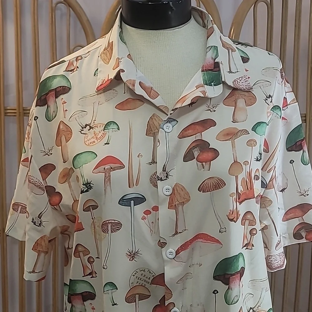 Mushroom shirt mens size large tan brown orange green - Picture 2 of 9